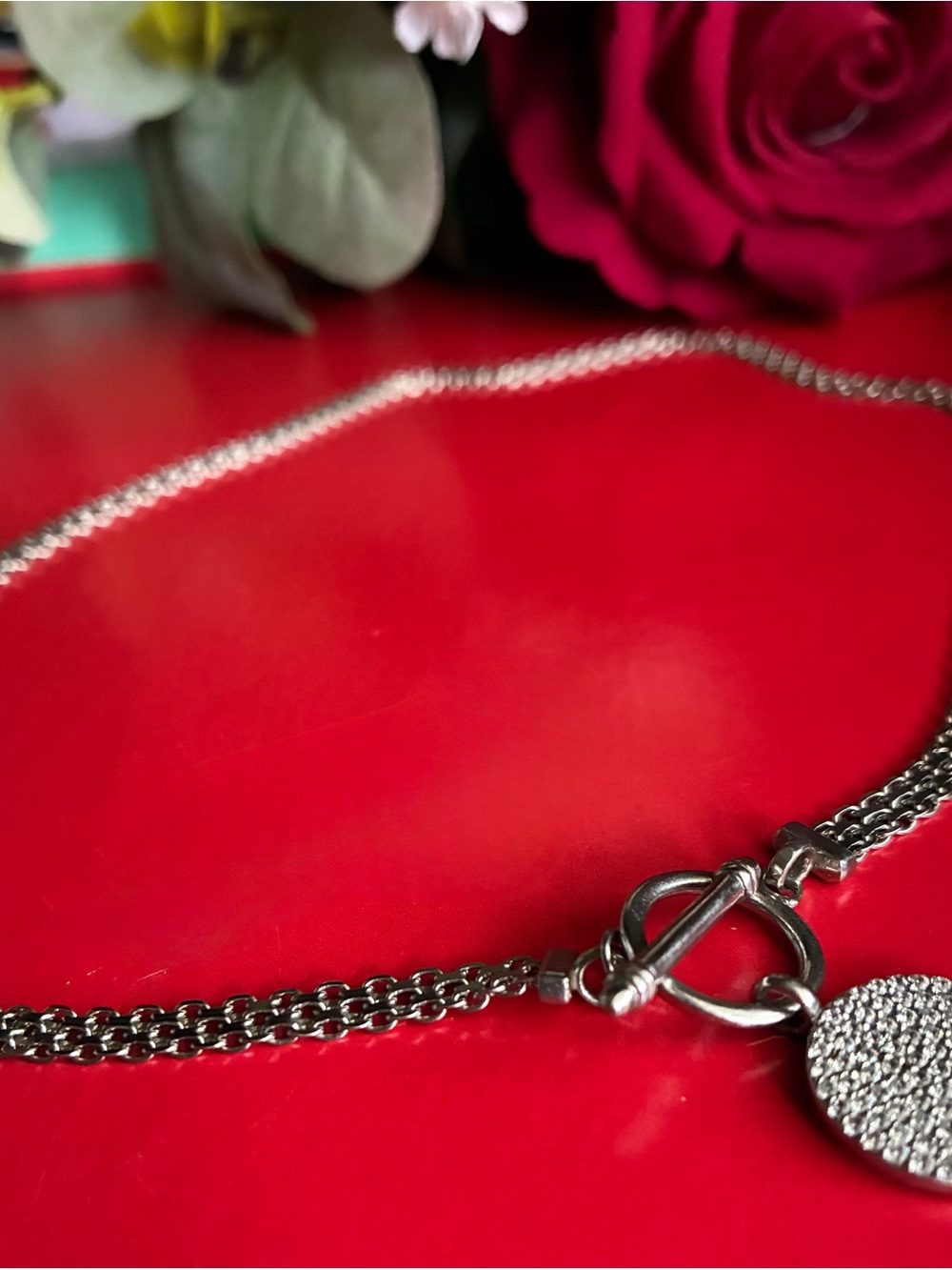 Silver Toggle Chain Necklace with Pave Disc Pendant 925